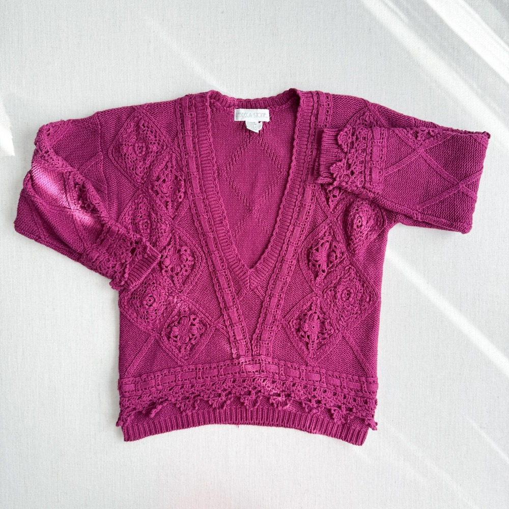 Rebecca Stone vtg pink purple crochet cottagecore sweater